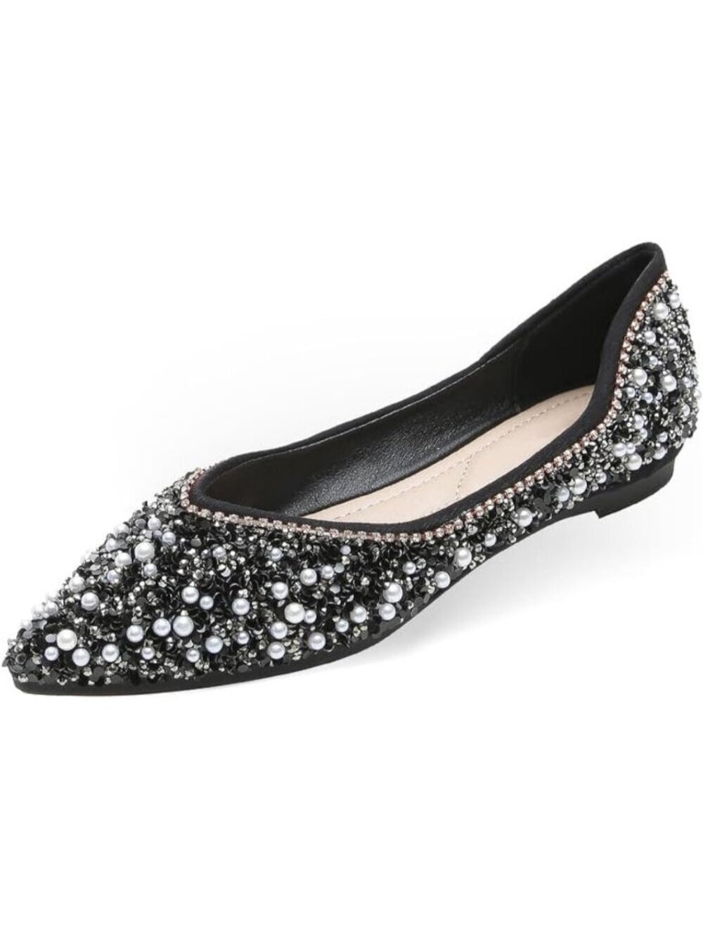 Women‘s Rhinestone Flats Sparkle Black Pointed Dress Shoes Memory Foam Shoes